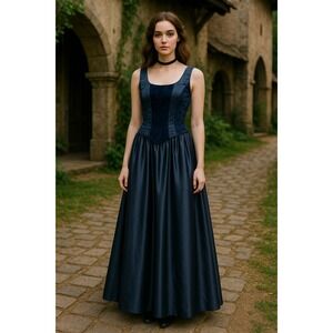 Vintage 90s Dress Sz M Navy Velvet & Satin Evening Gown Renaissance Faire Prom